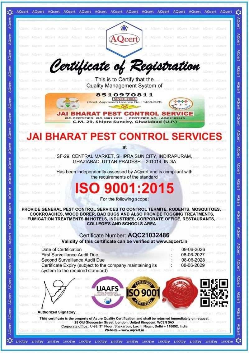 ISO 9001:2015 Certificate of Registration of Jai Bharat Pest Control Services by AQcert, certificate number AQC21032486