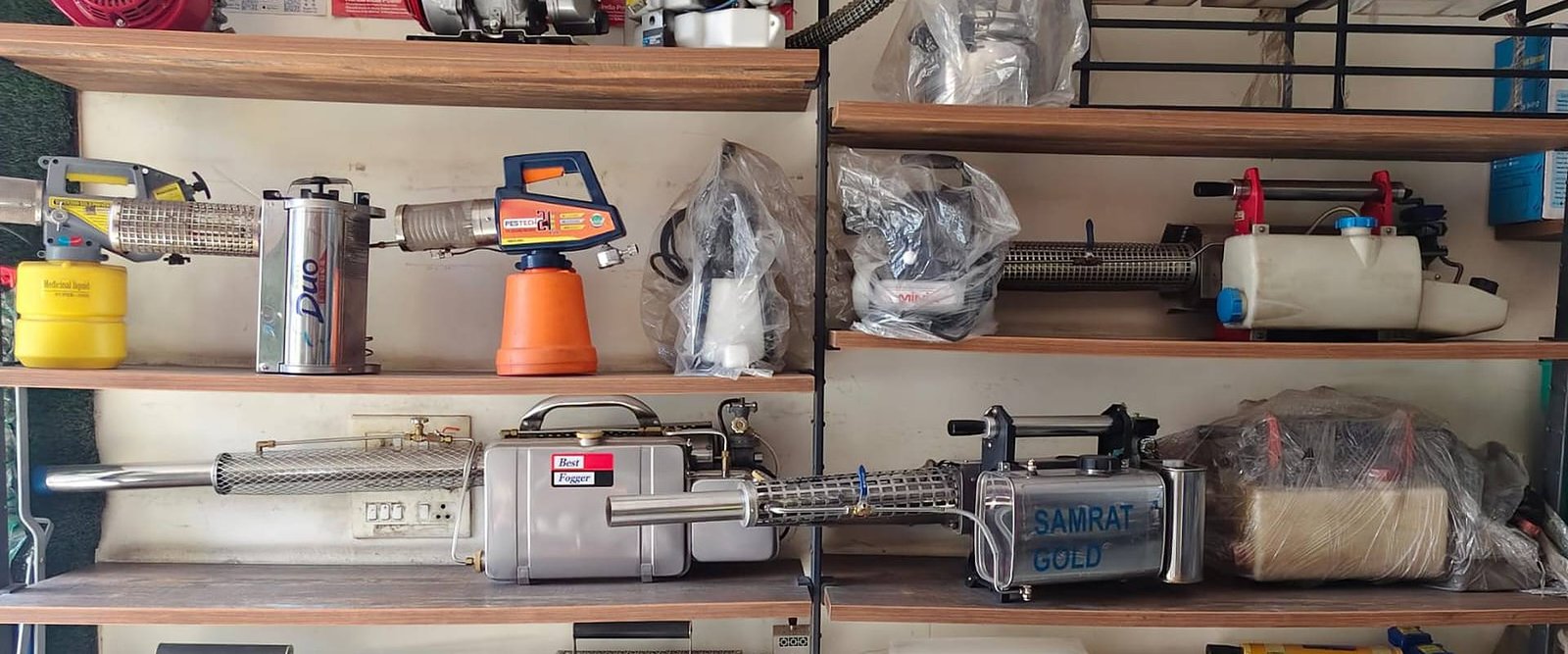 Thermal fogging machines and pest control equipment at the Jai Bharat Pest Control shop